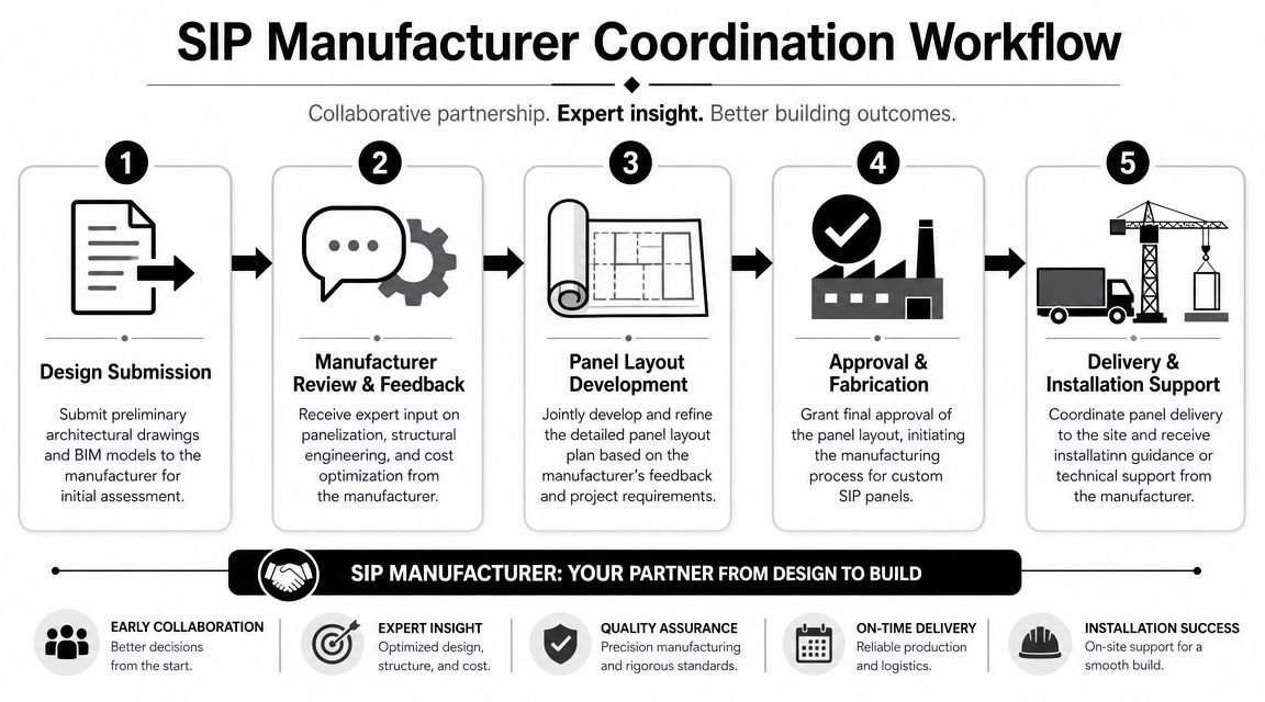 A five-step workflow diagram illustrating the collaborative partnership process between architects and SIP manufacturers for building projects.