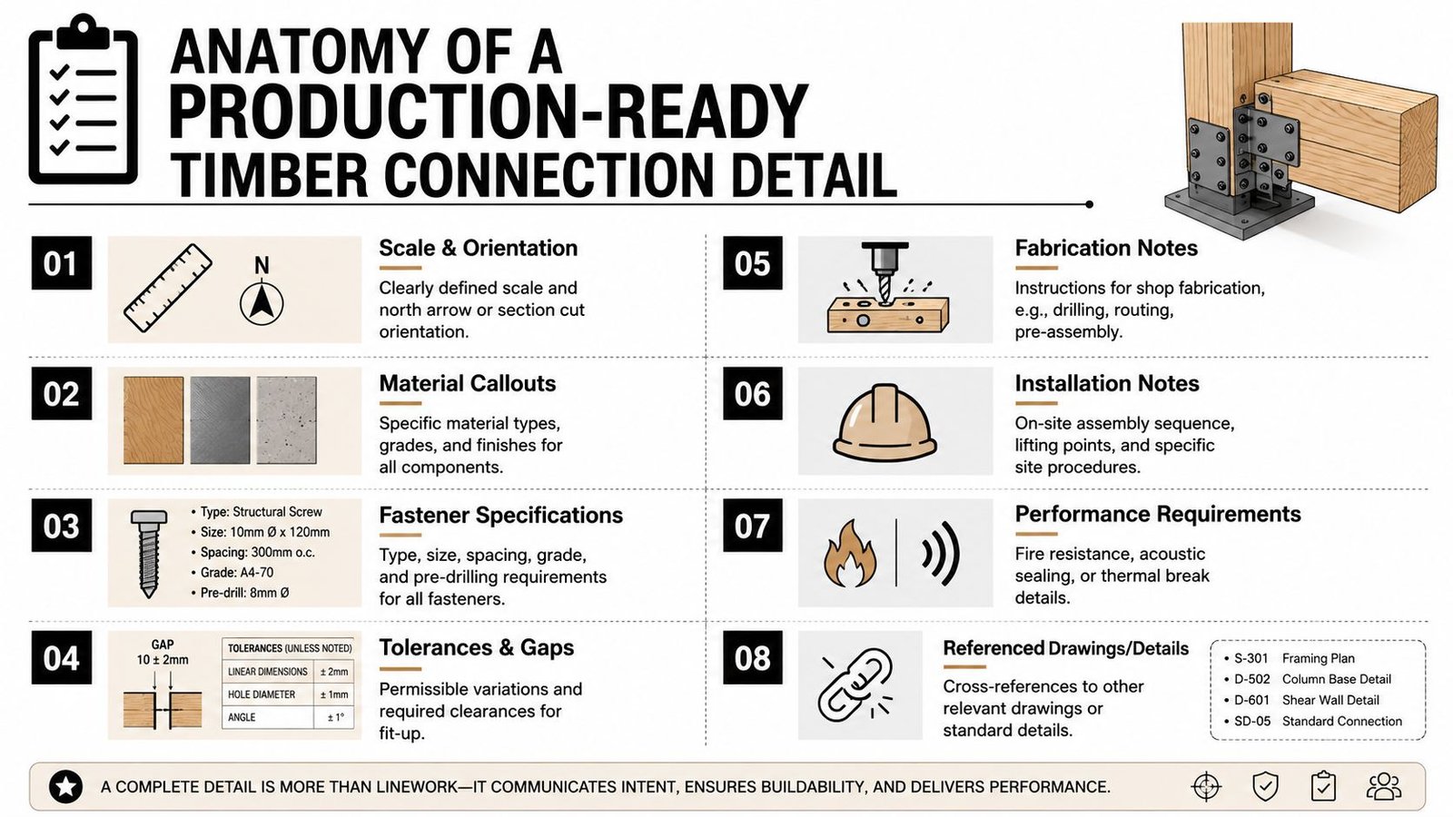 An infographic titled Anatomy of a Production-Ready Timber Connection Detail outlining eight essential engineering documentation requirements.