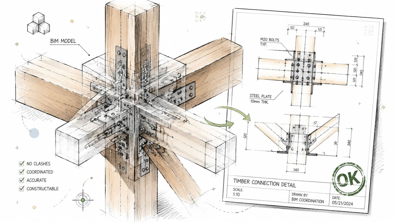 A detailed technical drawing and BIM model showing a complex timber connection for structural engineering projects.