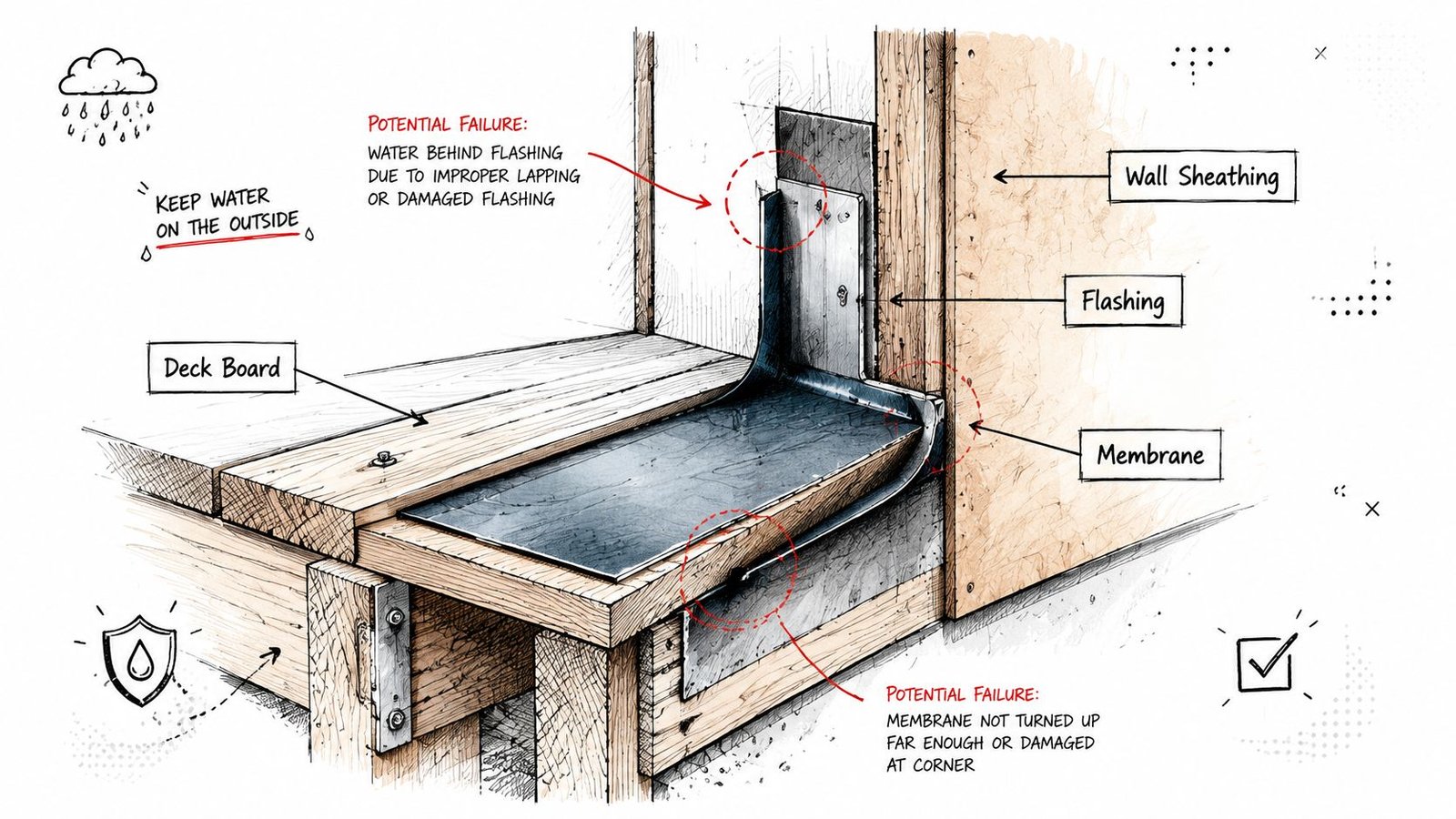 A diagram illustrating waterproof flashing and membrane installation techniques for a deck to prevent water damage.