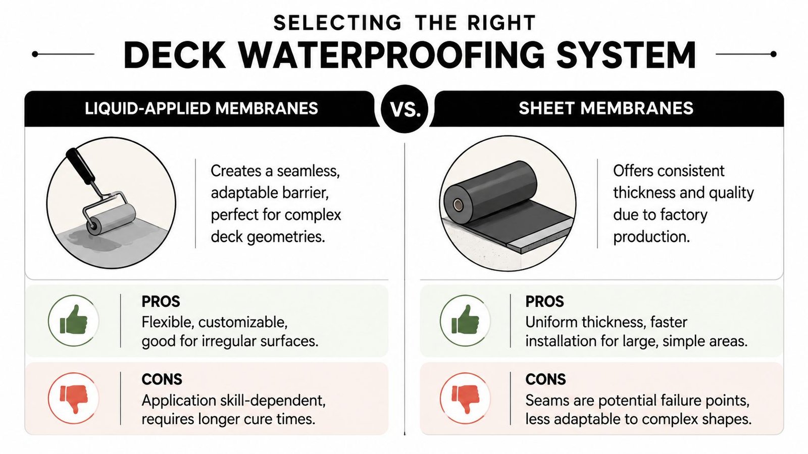 A comparison infographic between liquid-applied membranes and sheet membranes for effective deck waterproofing and protection.