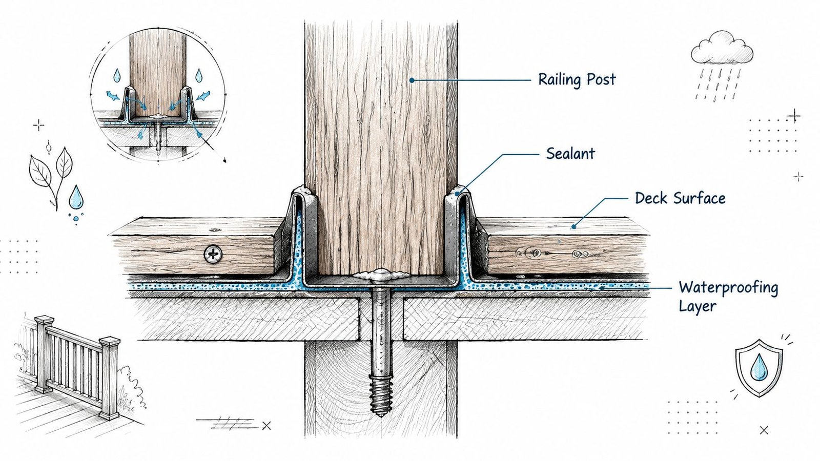 A diagram illustrating waterproof flashing installation for a wooden deck railing post on a surface.