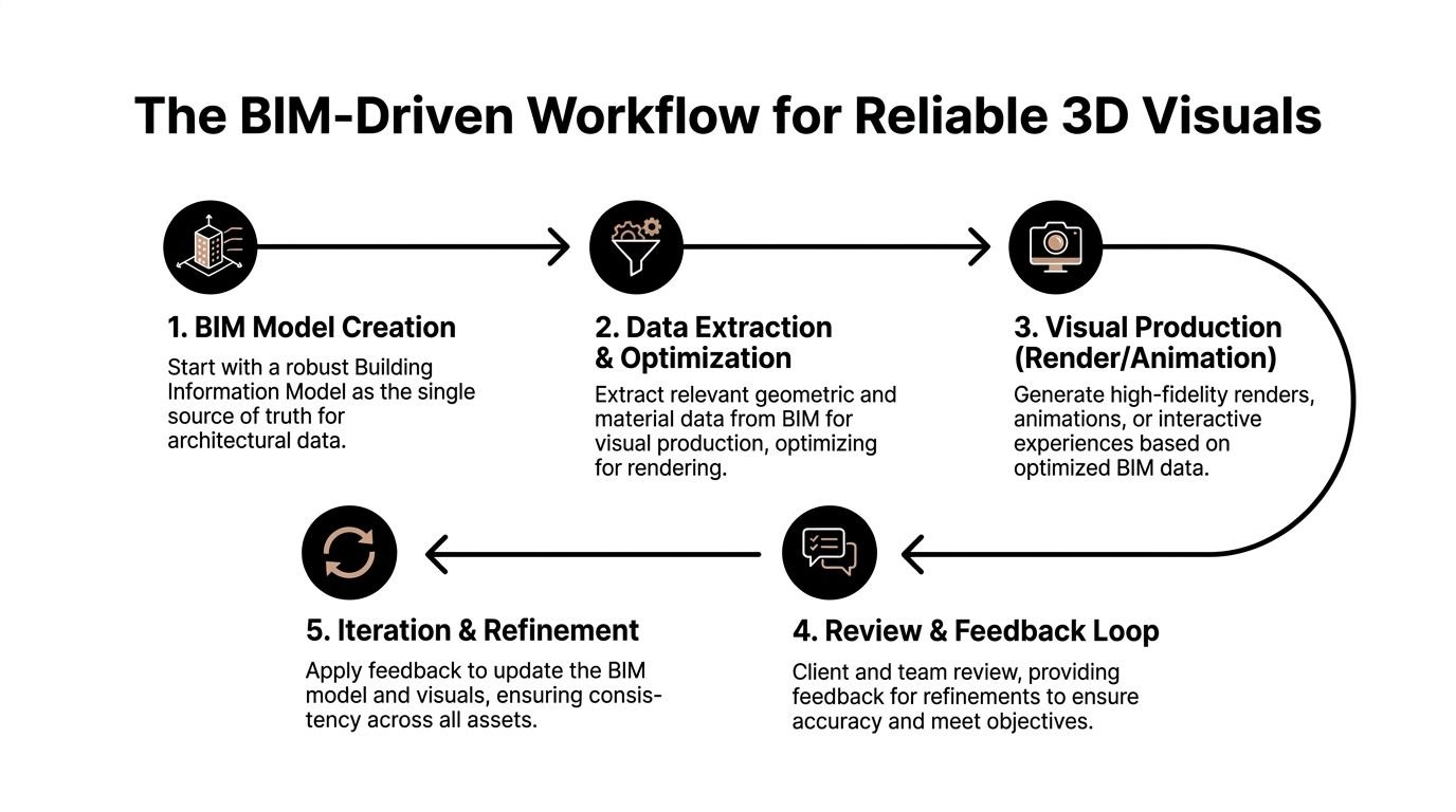 A diagram illustrating a five-step BIM-driven workflow for creating accurate and reliable 3D architectural visuals.