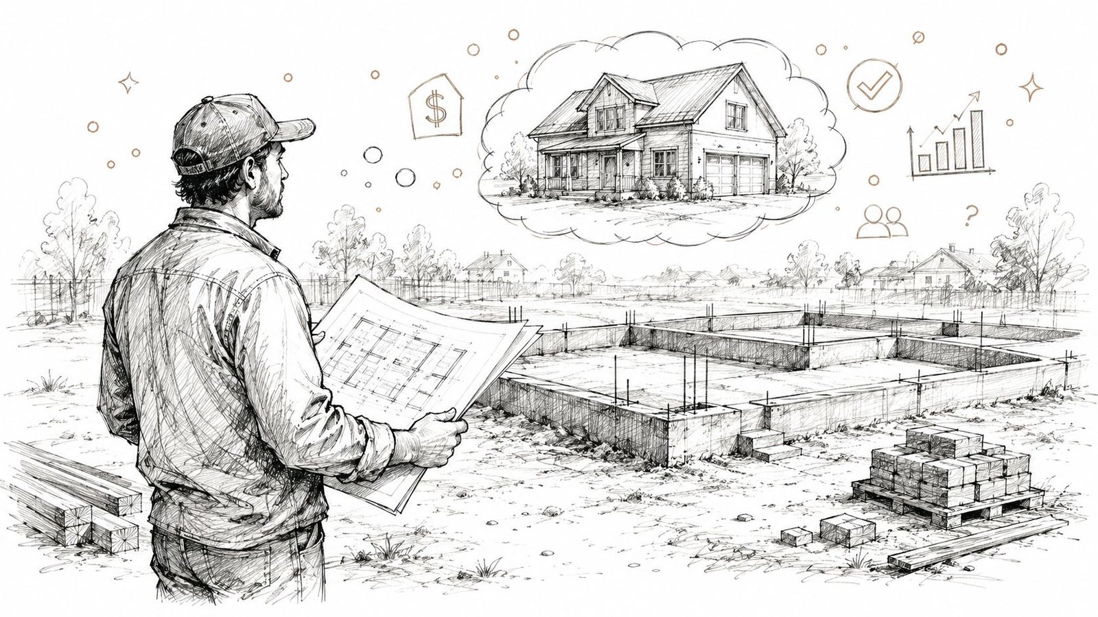 A construction worker holding blueprints while looking at a house concept over a building foundation site.