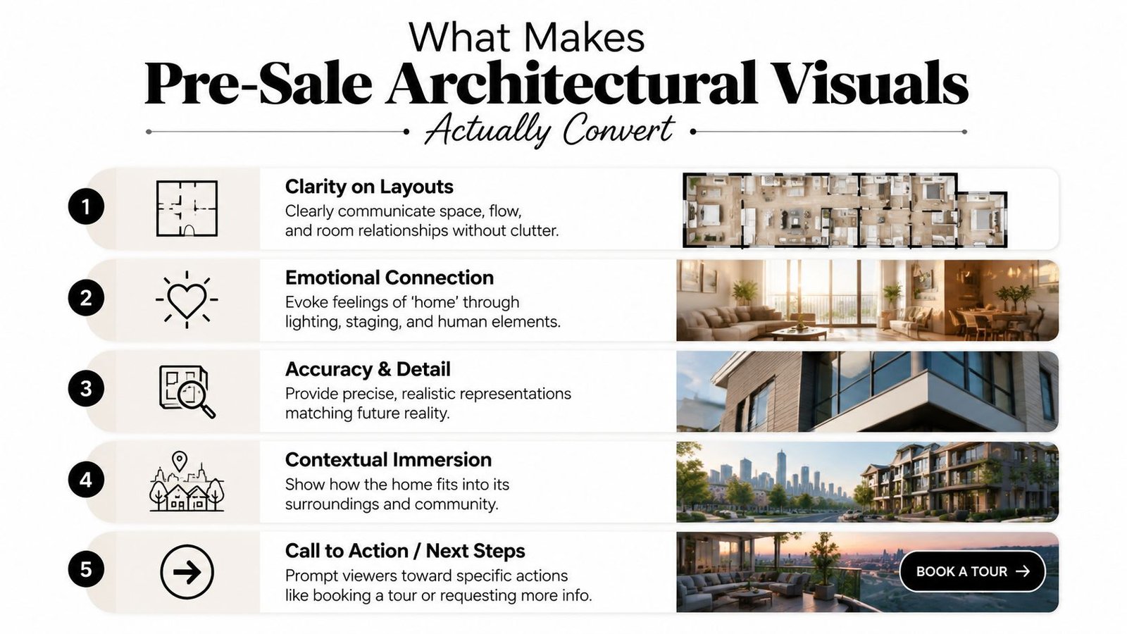 An infographic detailing five essential elements for effective pre-sale architectural visuals that drive real estate conversions.
