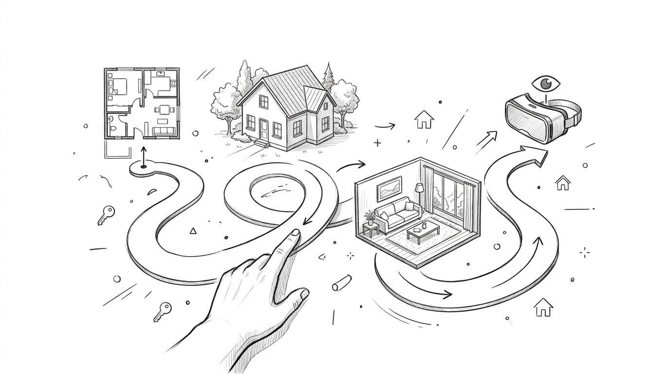 A hand guiding a path through architectural design steps, from floor plan to virtual reality house visualization.
