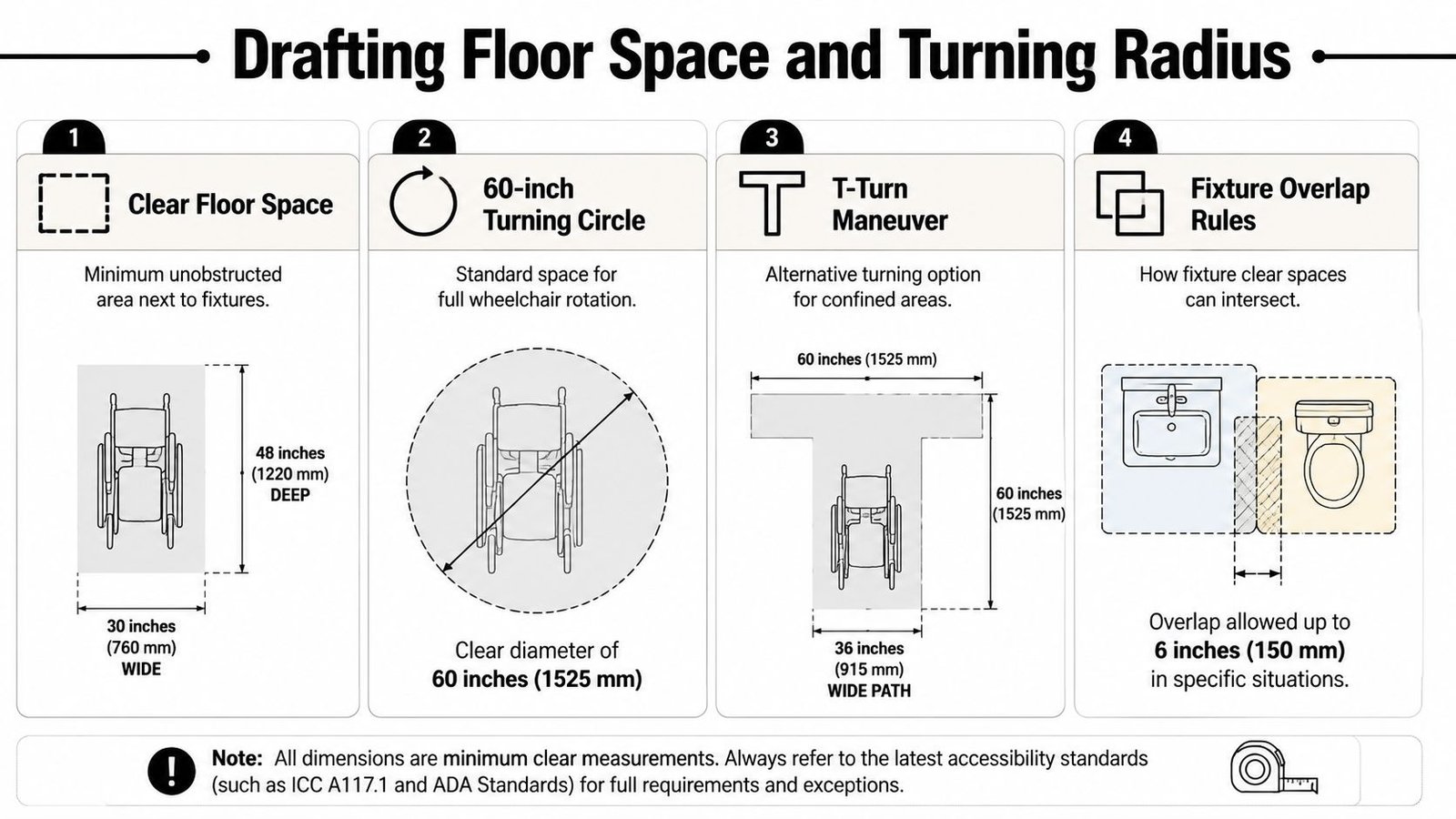 A diagram illustrating ADA accessibility requirements for clear floor space, turning radius, and wheelchair maneuverability in bathrooms.