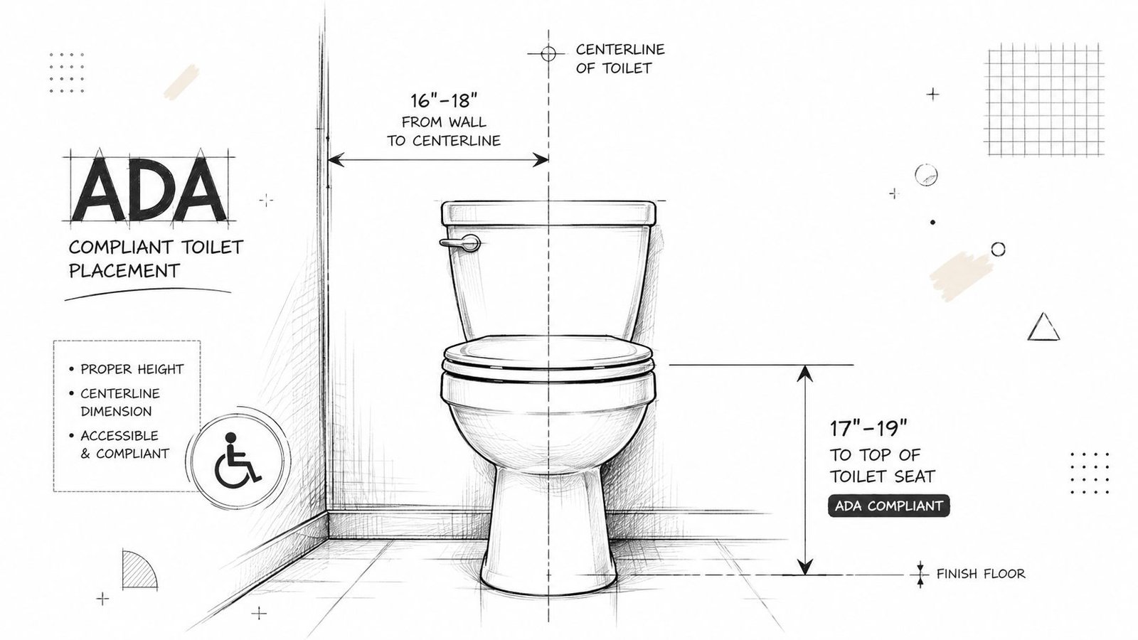 A diagram illustrating the ADA compliant measurements for toilet placement from a wall and floor height.