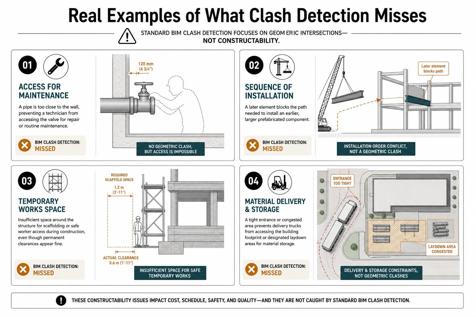 An infographic showing four common construction site issues that standard BIM clash detection software typically misses.