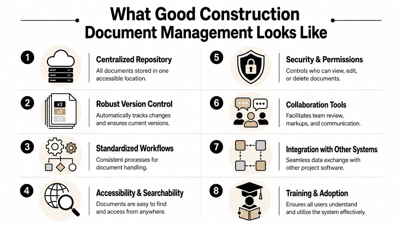 An infographic showing eight key pillars of effective construction document management for project teams.