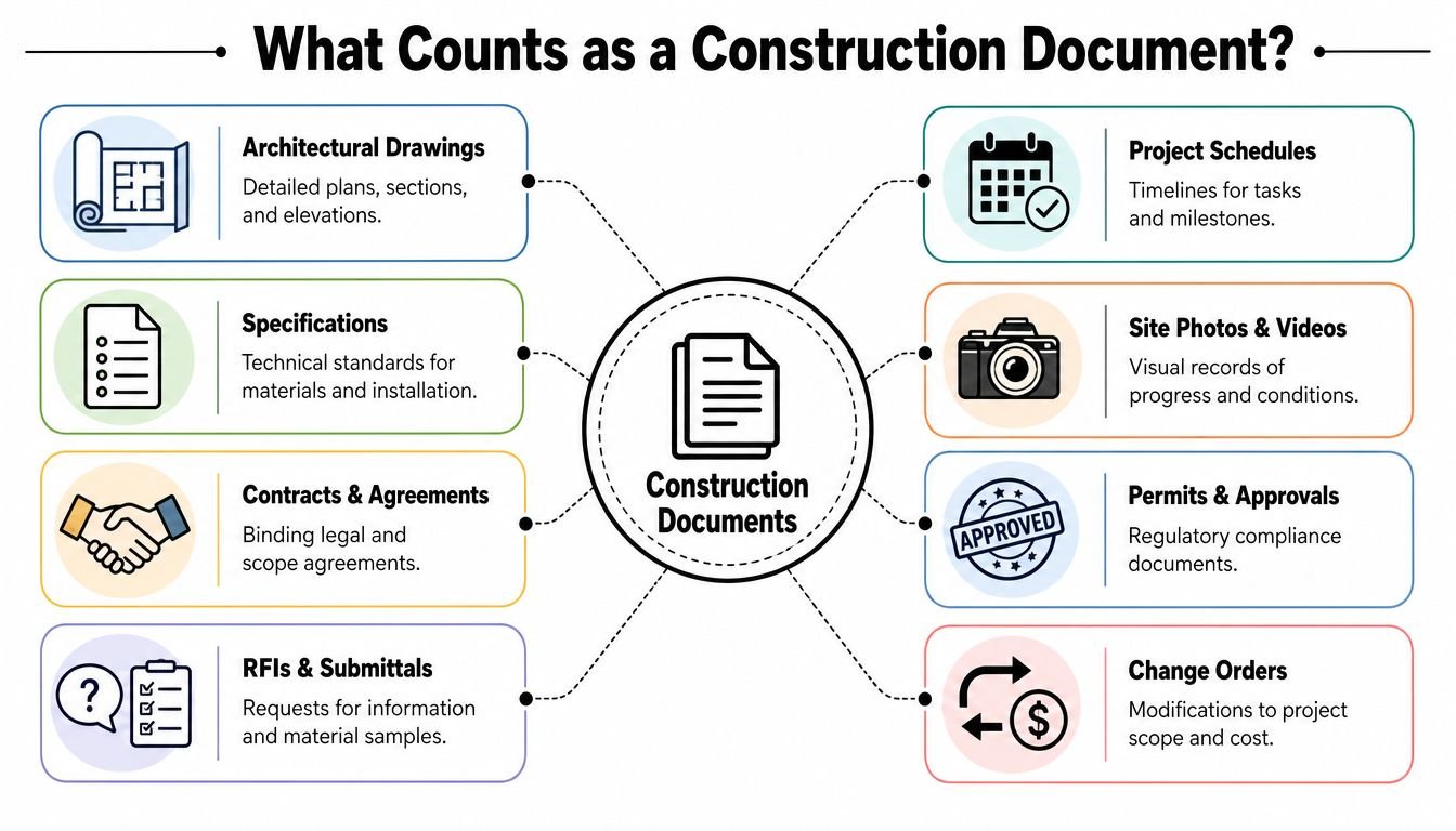 A diagram illustrating eight key types of documents used in professional construction project management and documentation.
