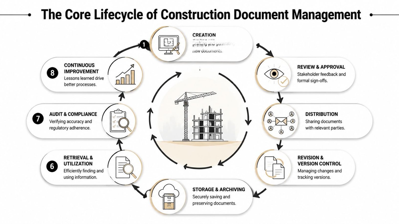 A circular diagram illustrating the eight core lifecycle stages of construction document management, from creation to continuous improvement.