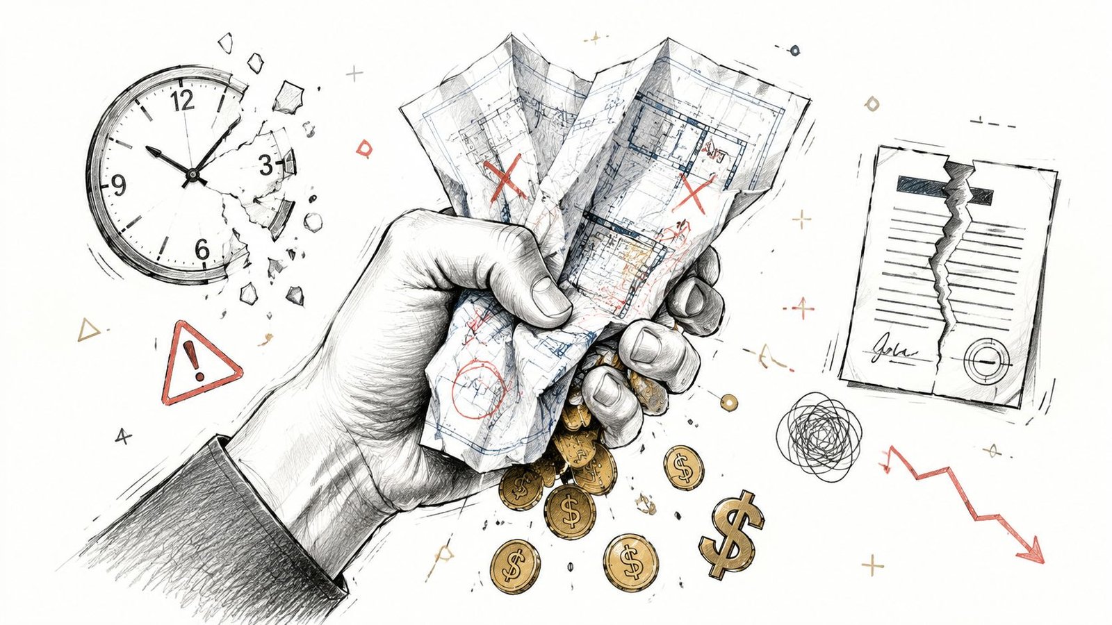 A hand crumples construction blueprints, symbolizing project failure, financial loss, and mismanagement of construction deadlines.