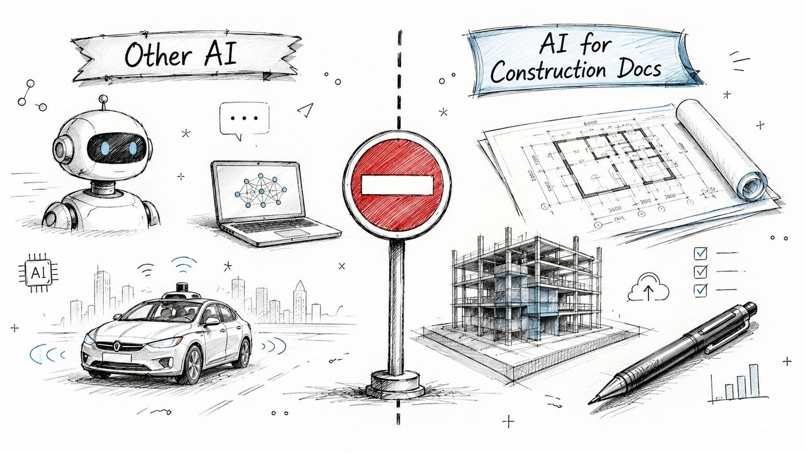 A hand-drawn comparison between general AI technology and specialized AI for construction documentation and blueprints.