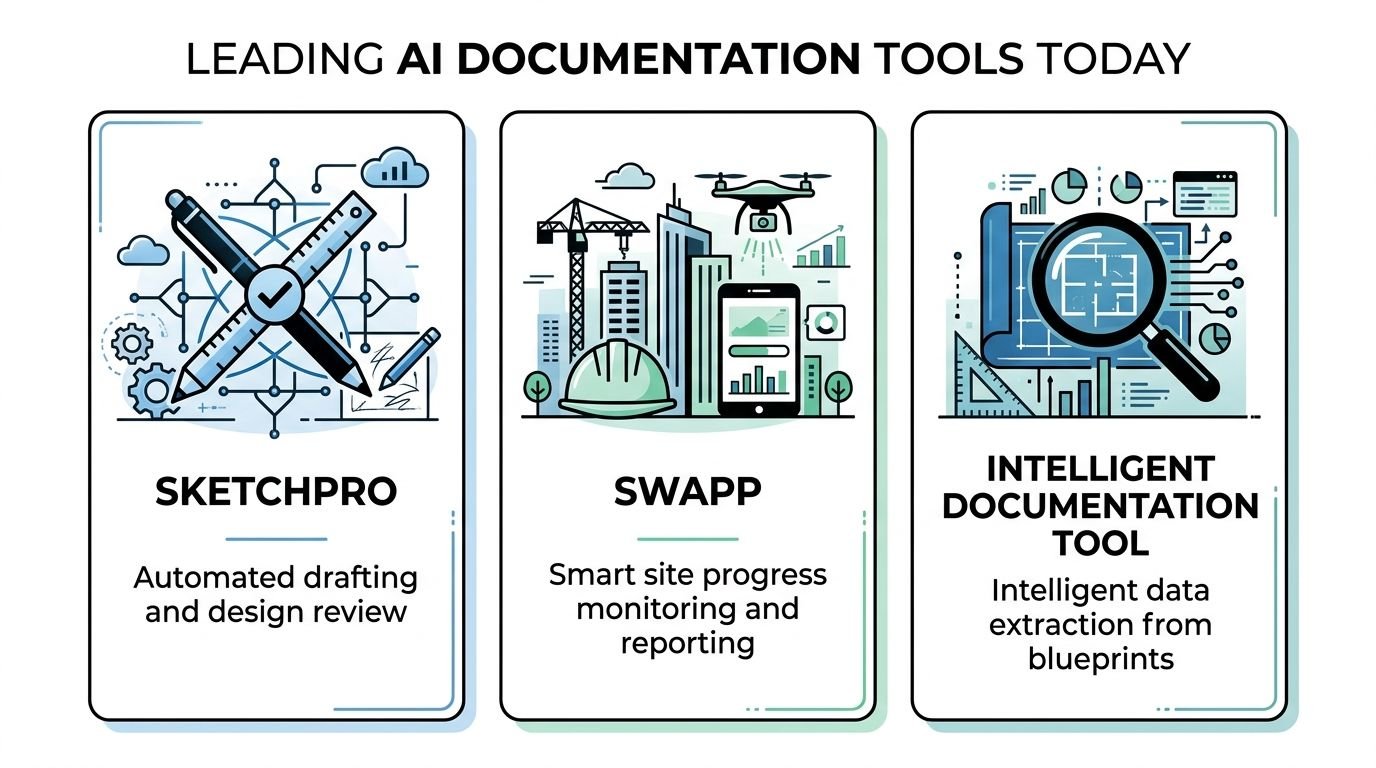 A graphic showing three leading AI tools for construction documentation, highlighting SketchPro, Swapp, and an intelligent tool.