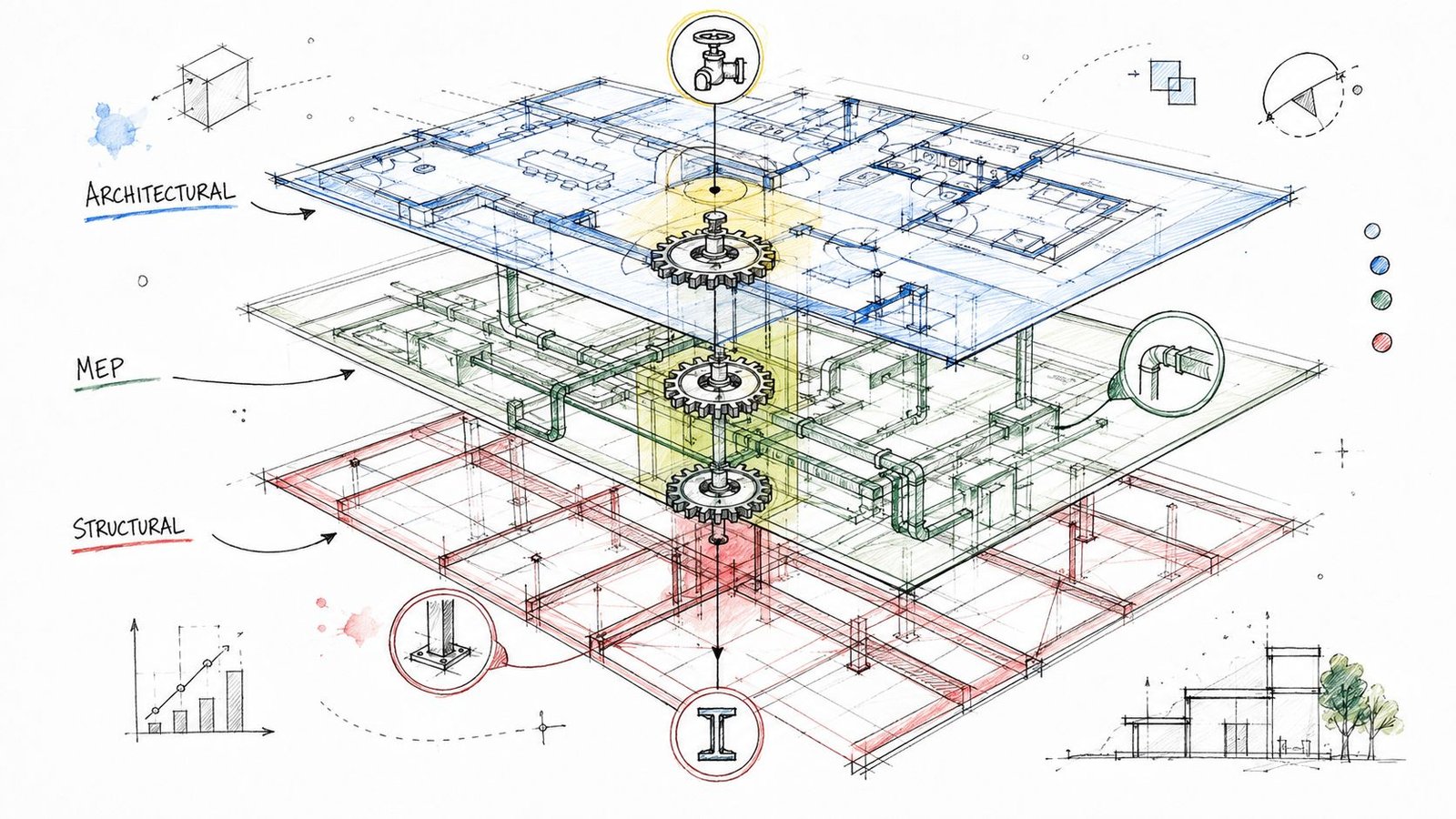 A detailed 3D exploded diagram showing architectural, MEP, and structural layers of a building design.