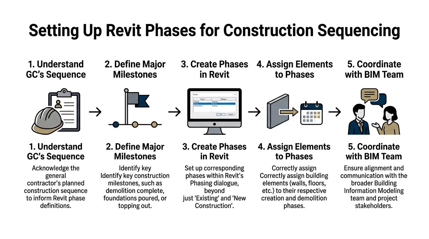 A five-step infographic showing how to set up Revit phases for project construction sequencing workflows.