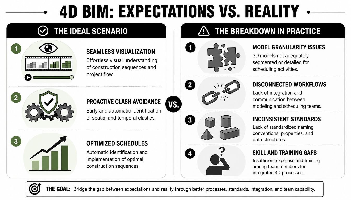 An infographic comparing ideal 4D BIM construction expectations against common practical workflow challenges and gaps.