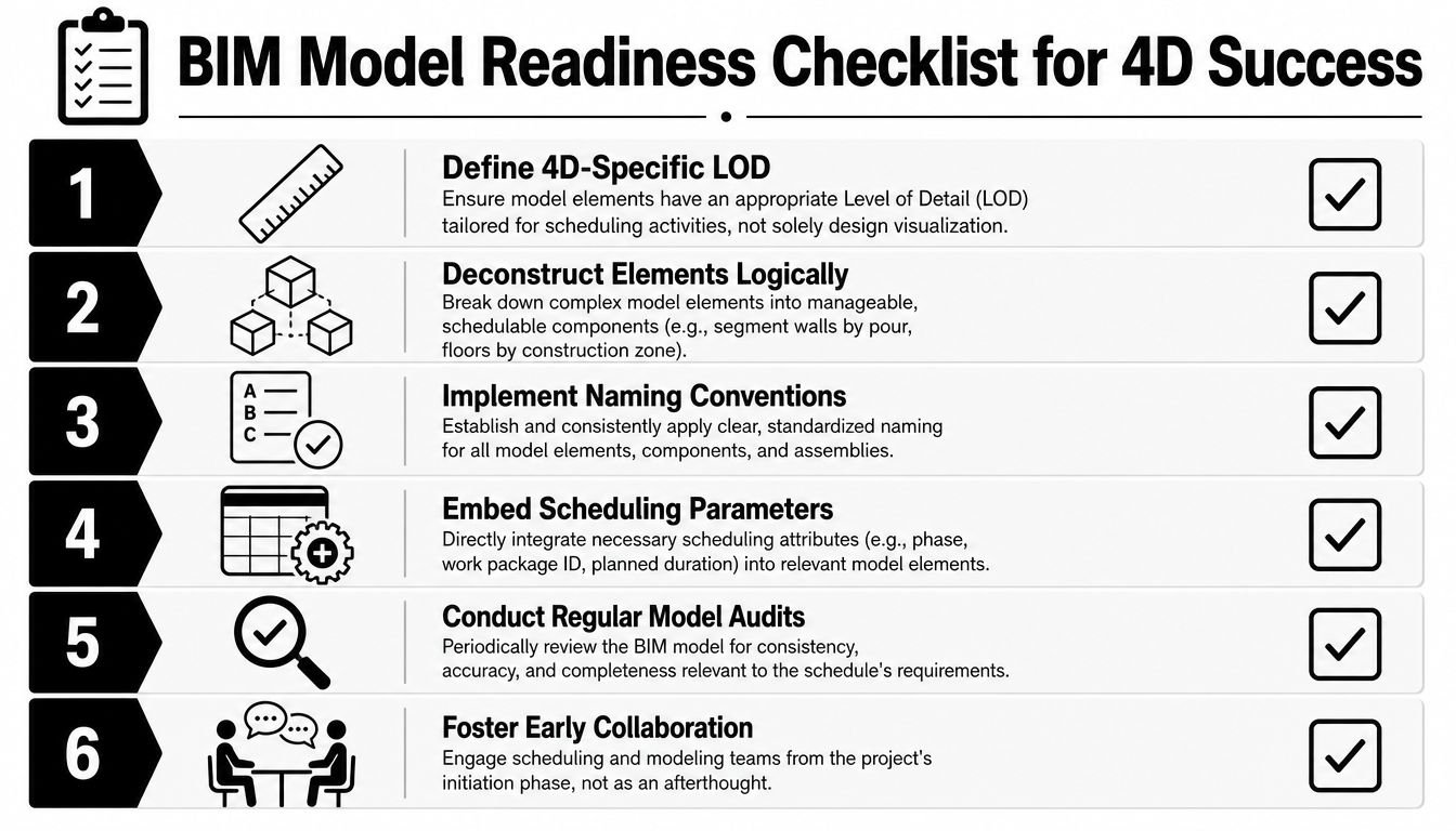 A six-step infographic detailing the BIM model readiness checklist required for successful 4D construction project scheduling.