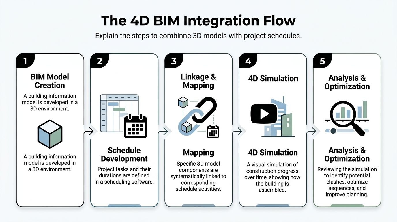 A diagram illustrating the five steps of the 4D BIM integration flow for construction project planning.