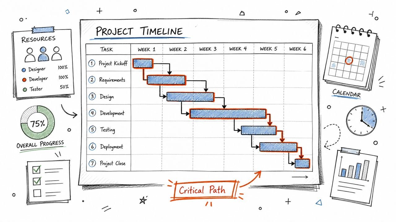 A hand-drawn project timeline chart visualizing task sequences, a critical path, resource allocations, and progress metrics.