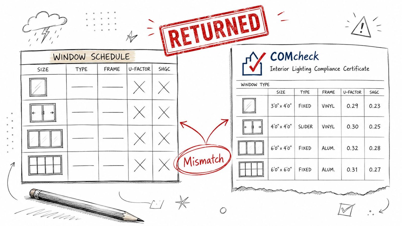 A hand-drawn illustration showing a comparison between a window schedule and a COMcheck report with a mismatch.