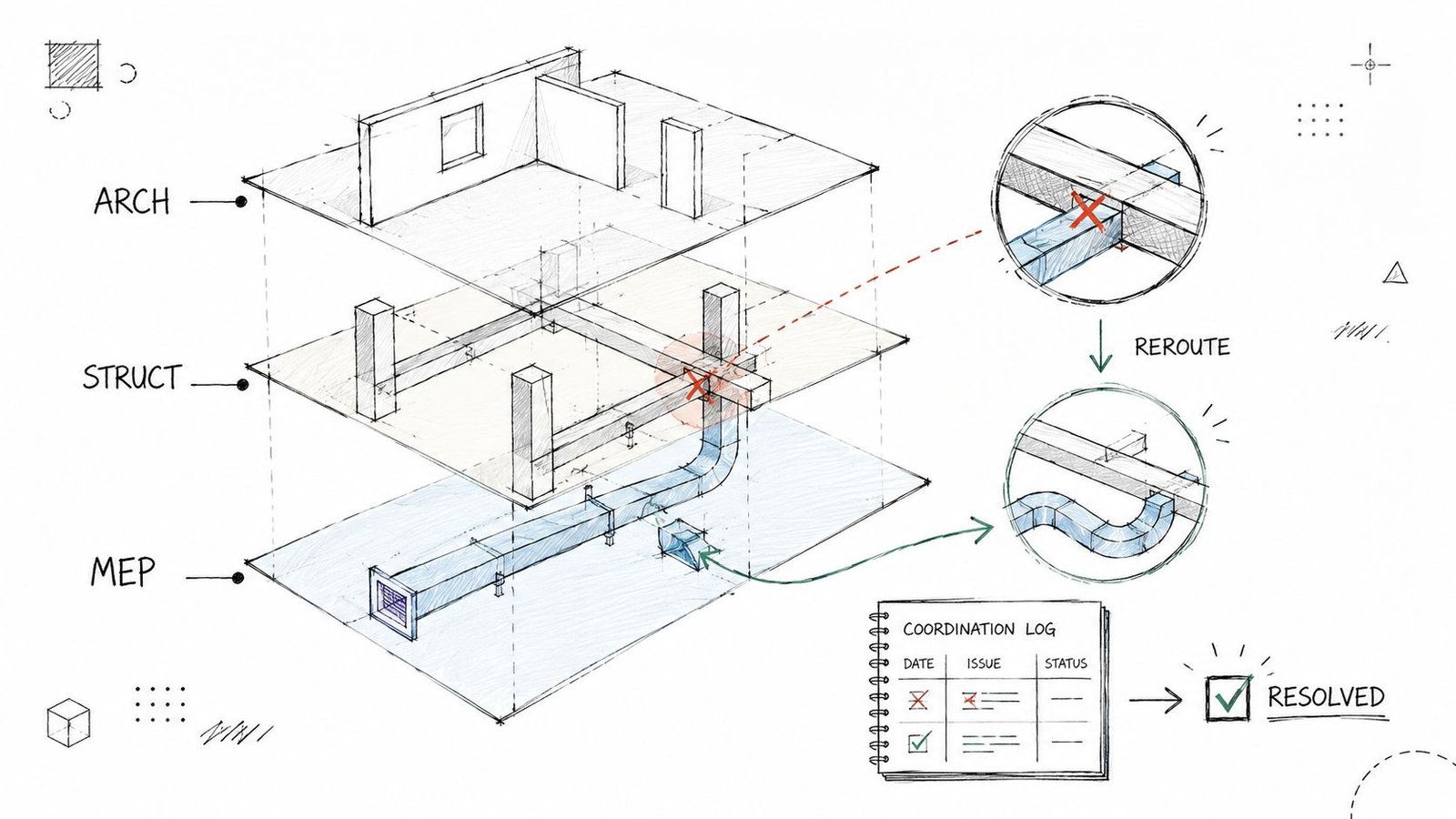 A technical sketch illustrating building coordination between architectural, structural, and mechanical systems with a conflict resolution process.