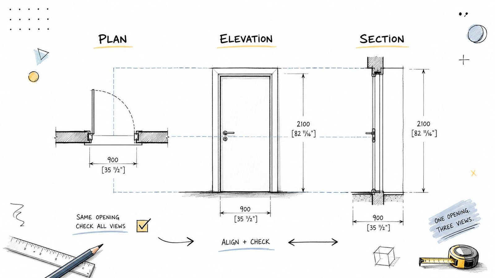 Architectural technical drawing showing a door plan, elevation, and section view with alignment dimensions.