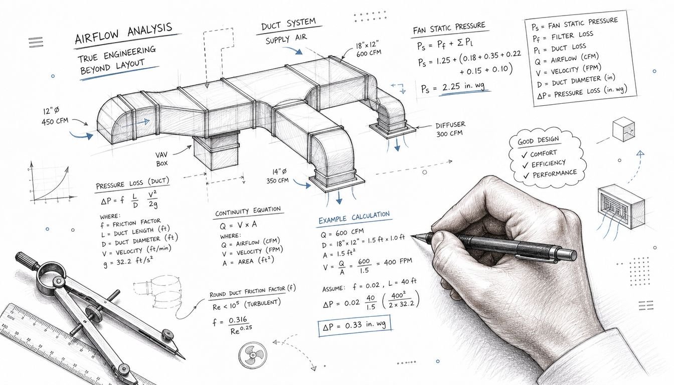 A technical sketch illustrating duct design principles, airflow calculations, and static pressure formulas for HVAC systems.