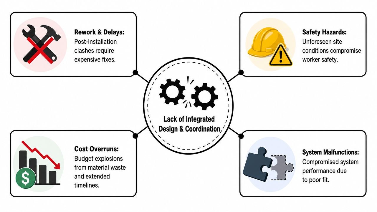 A diagram illustrating four negative consequences resulting from a lack of integrated design and construction coordination.