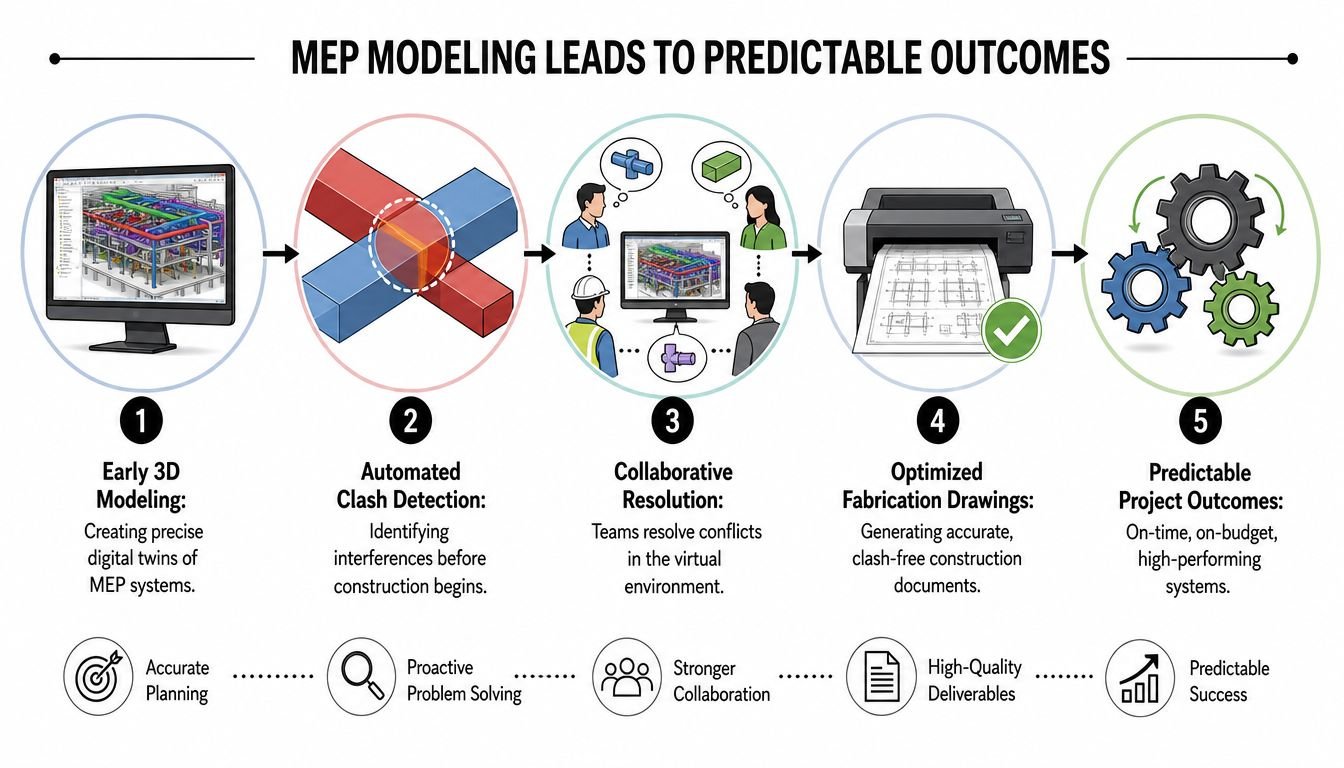 A five-step infographic showing how MEP modeling improves construction project outcomes through planning, clash detection, and collaboration.