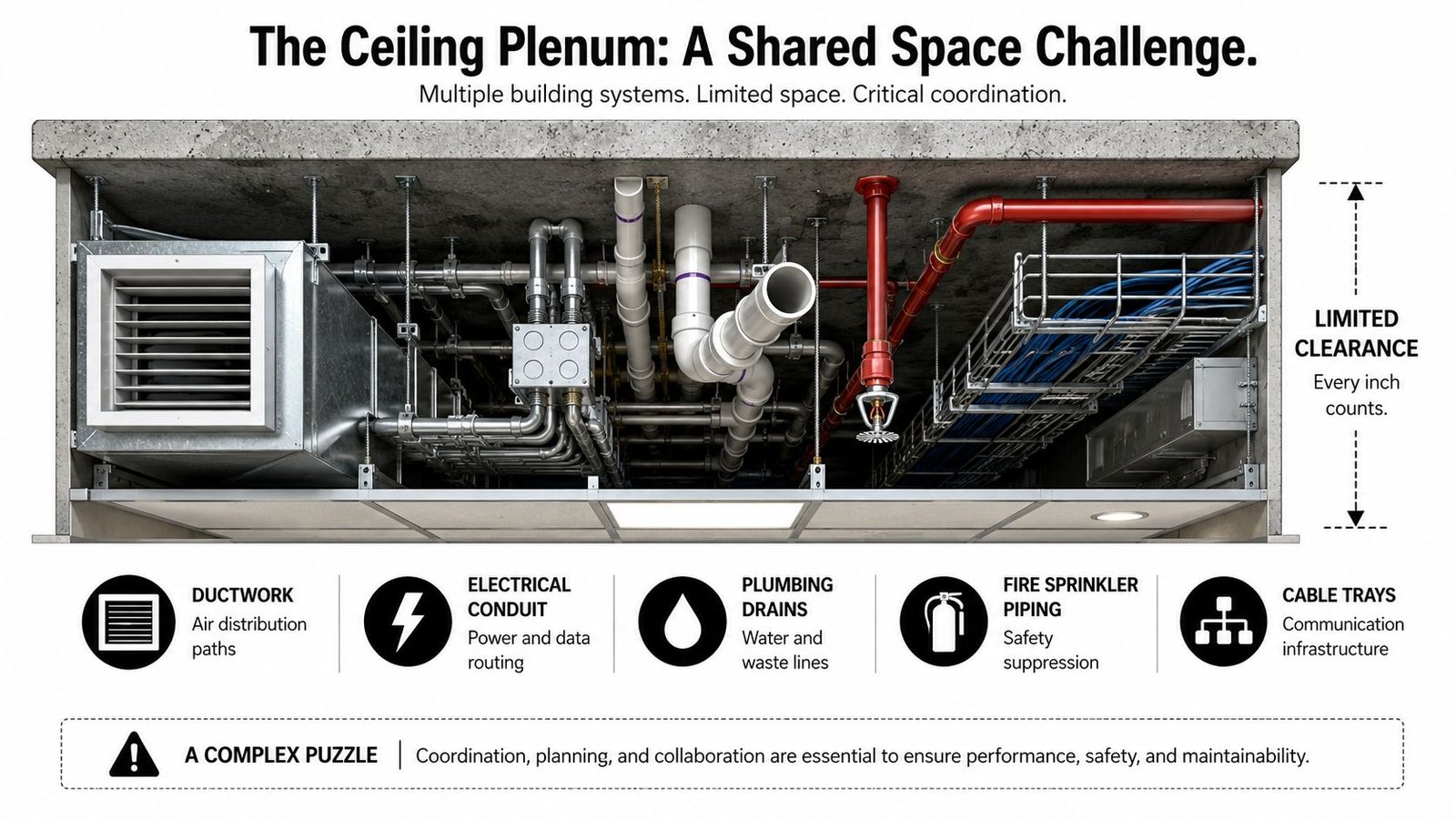 A detailed 3D diagram showing complex building infrastructure, including ductwork, electrical, plumbing, and fire safety systems in a ceiling.