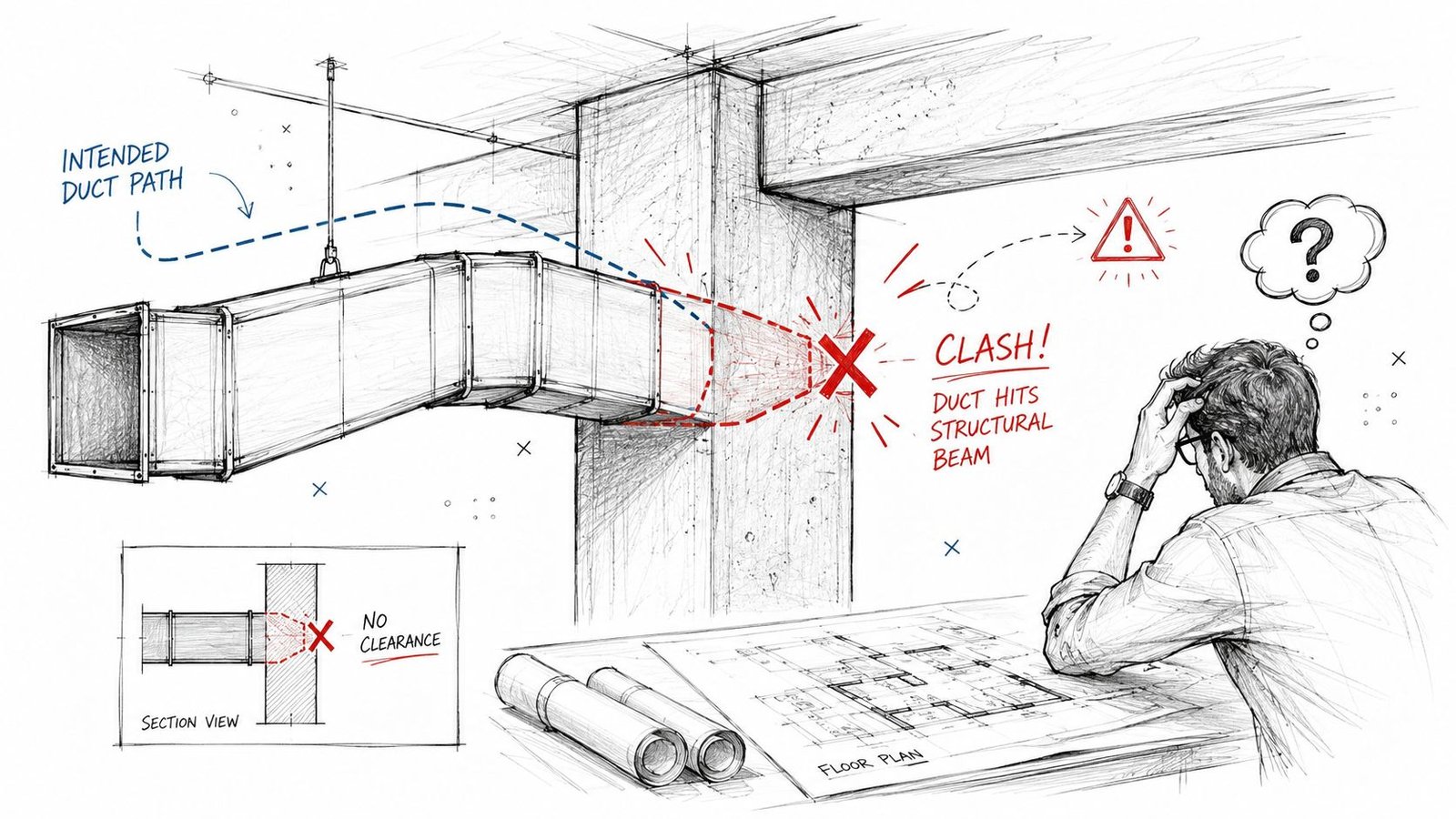 An engineer analyzing a construction drawing showing an HVAC duct clash with a structural beam.