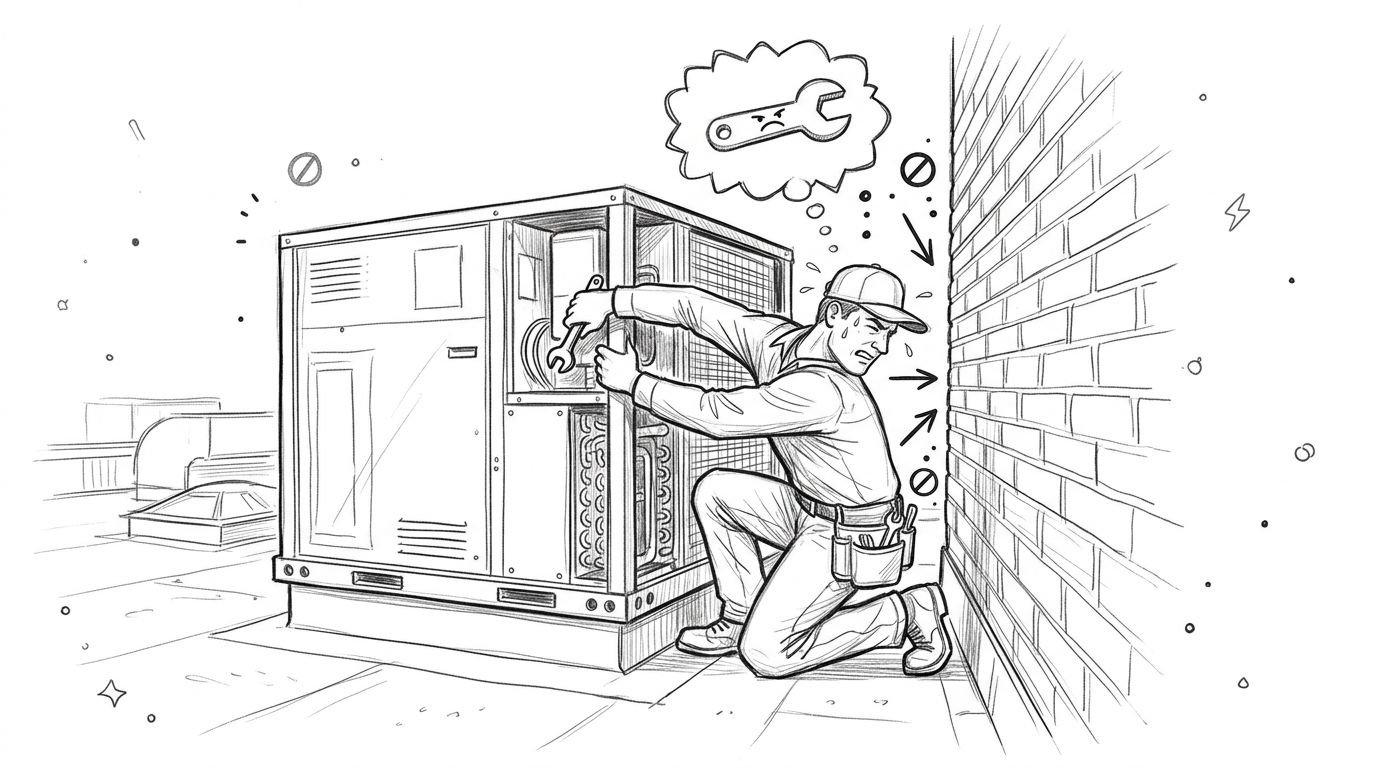 A technician struggles to repair an HVAC unit that is positioned too close to a brick wall.