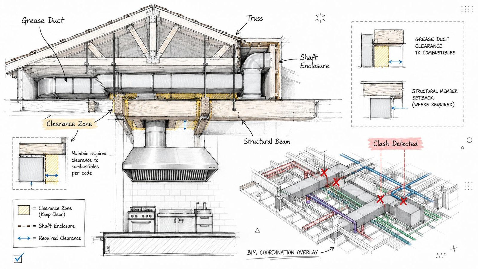 A diagram illustrating kitchen exhaust hood installation, grease duct clearance zones, structural beam placement, and BIM clash detection.