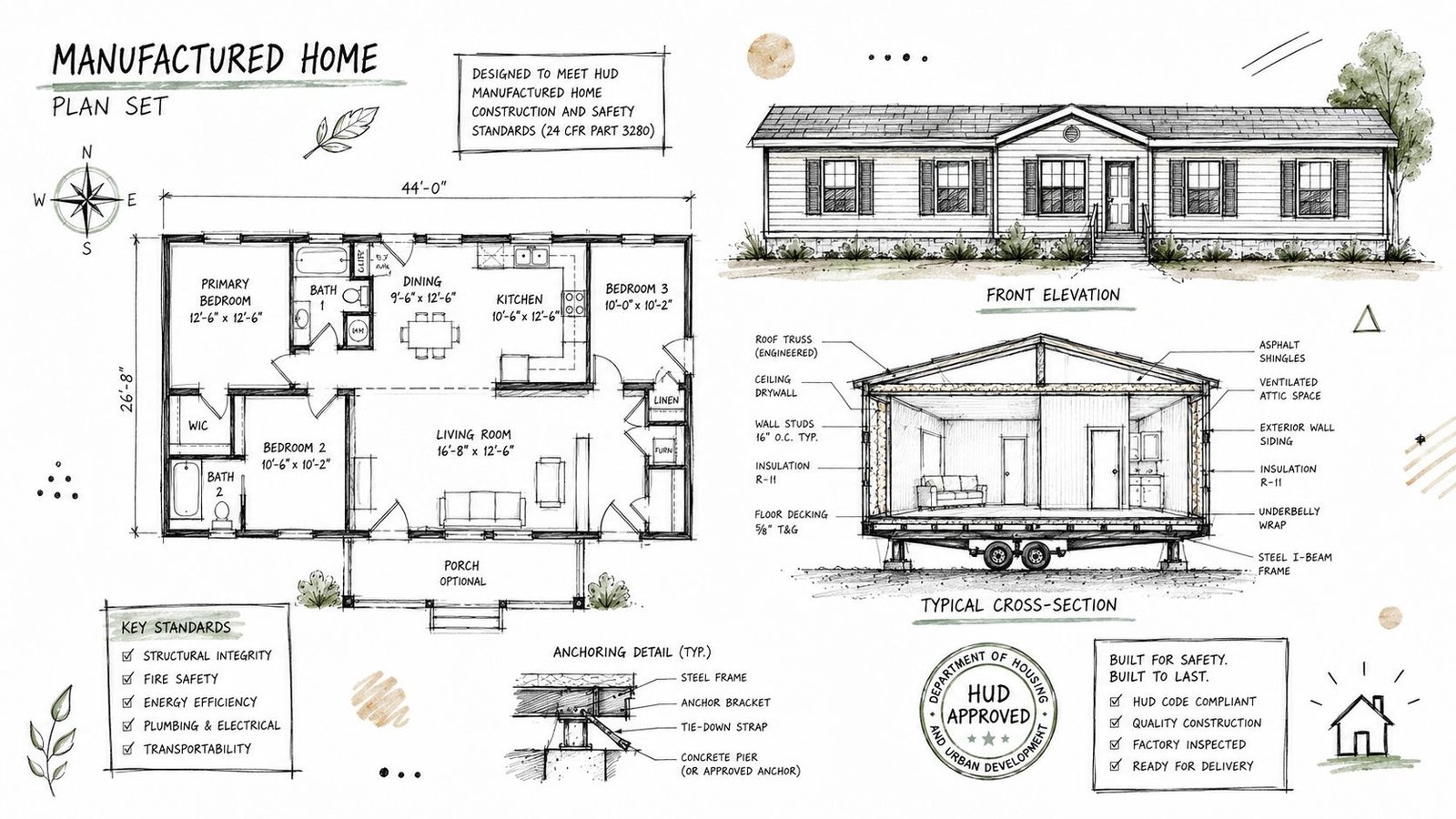 A detailed architectural plan and cross-section drawing of a modern manufactured home layout with dimensions.