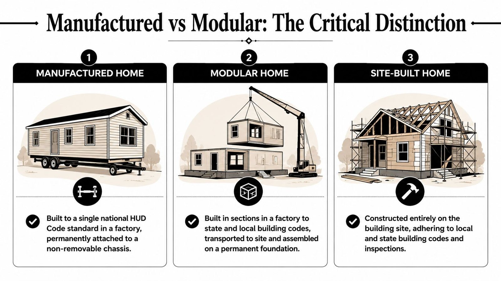 An infographic illustrating the differences between manufactured homes, modular homes, and site-built homes for potential buyers.
