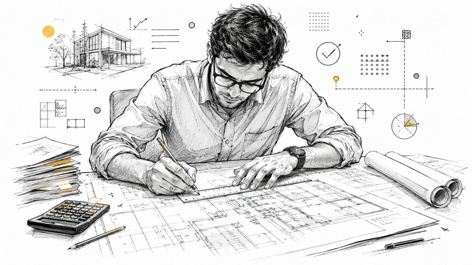 A professional architect sketching detailed house blueprints at a desk with a calculator and technical drawings.