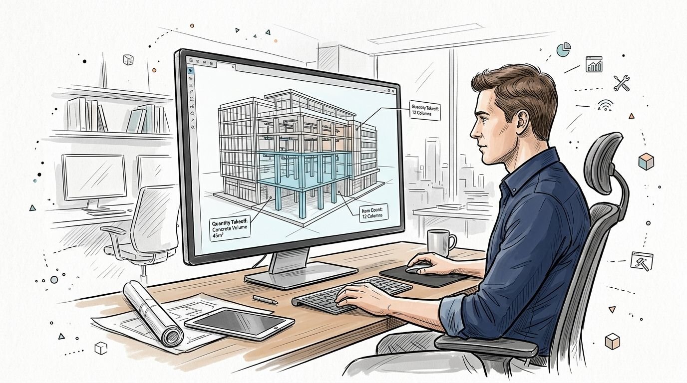 A professional engineer working on a computer screen displaying a 3D construction building material takeoff model.
