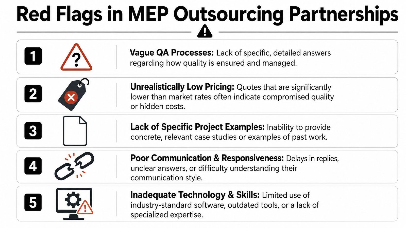 A list of five red flags in MEP outsourcing partnerships including vague processes, low pricing, and poor communication.