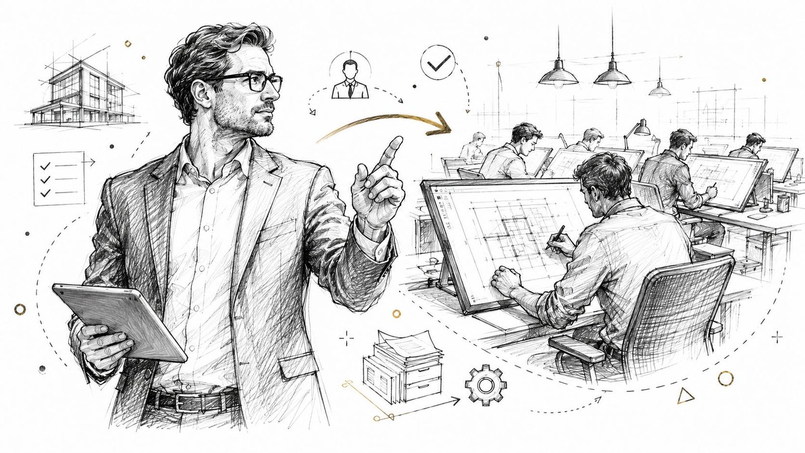 A professional owner representative overseeing architectural designers working on building plans in a modern office environment.