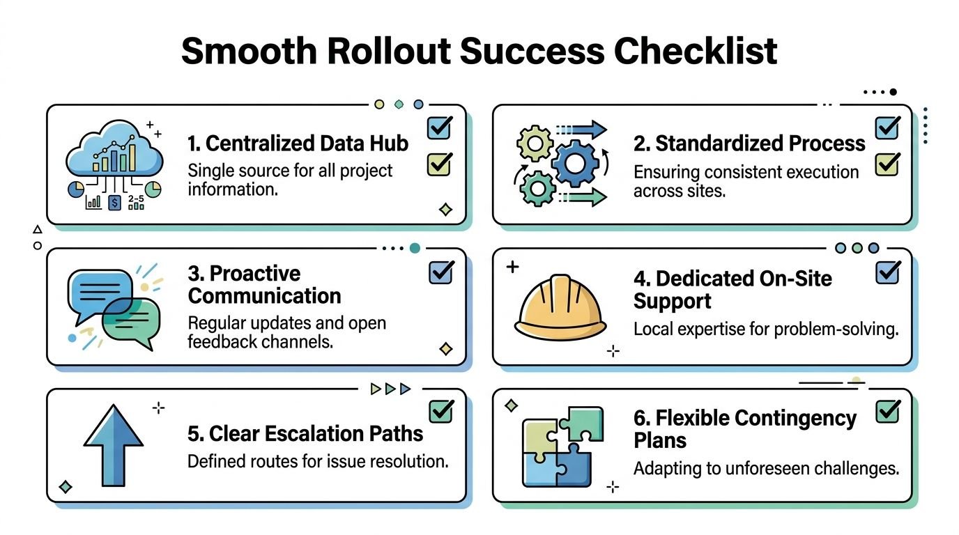 A checklist infographic titled Smooth Rollout Success Checklist featuring six key steps for successful project implementation.