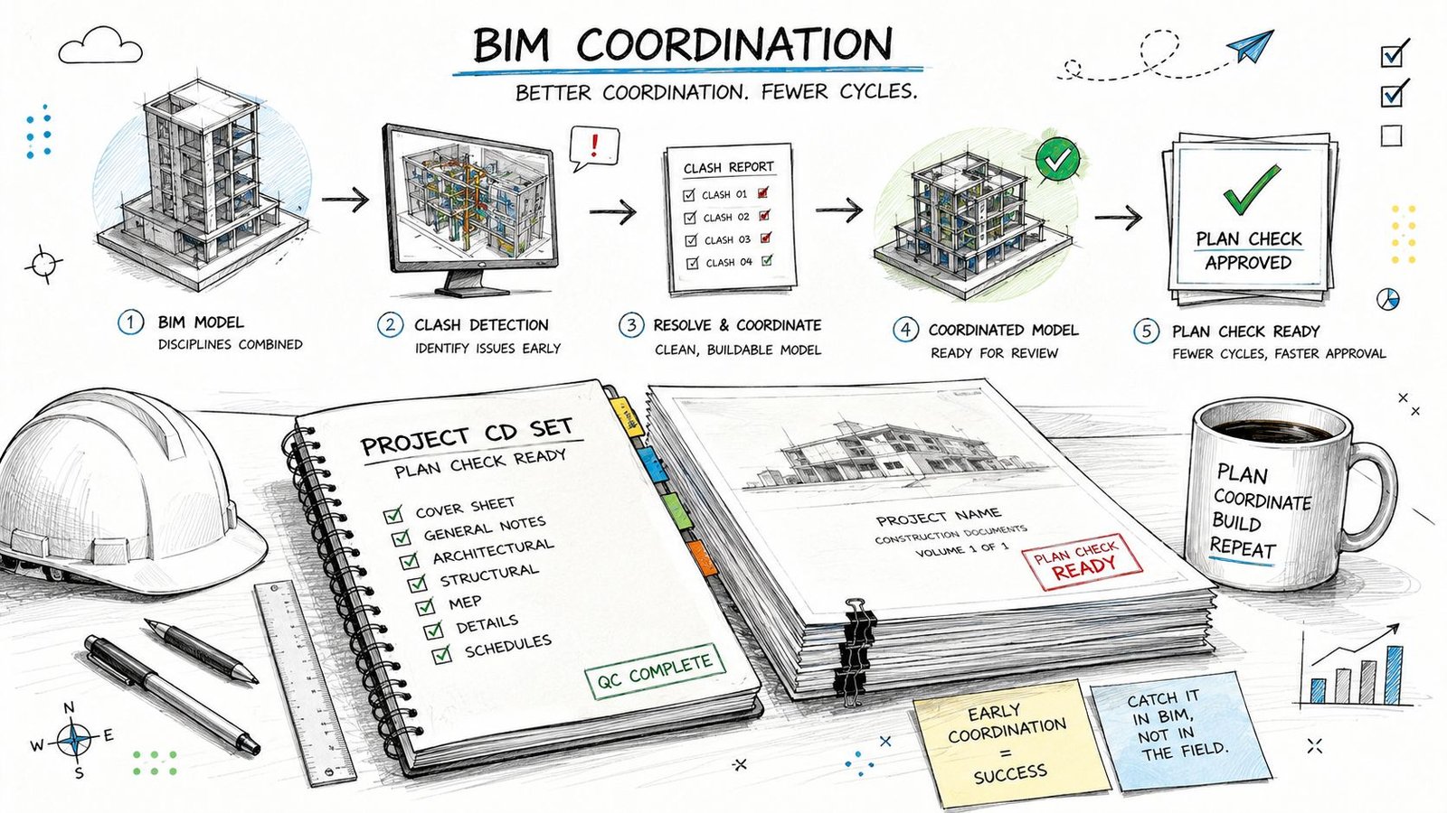 An illustrative infographic explaining the BIM coordination process for construction projects, including model review and approval.