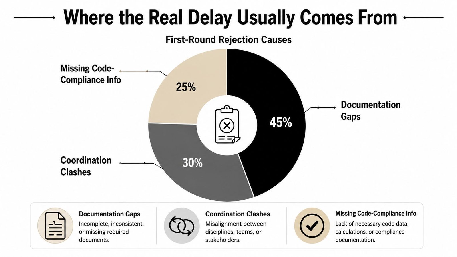 A pie chart showing common reasons for first-round permit application rejections, including documentation gaps, coordination clashes, and missing compliance information.