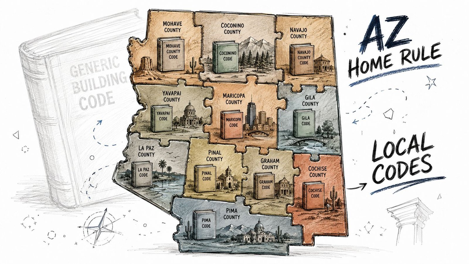 A map of Arizona divided into county puzzle pieces, each containing a specific local building code book.