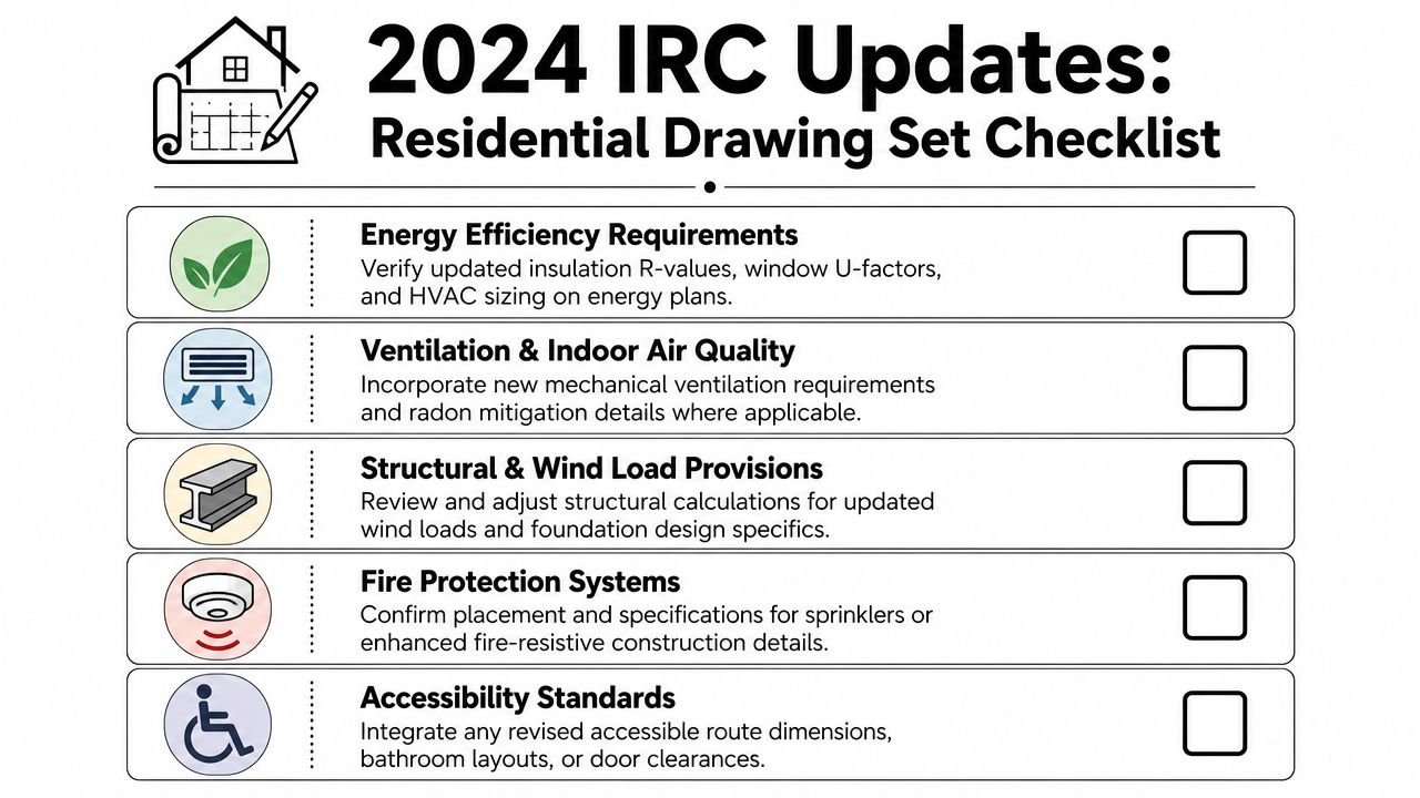 A checklist of 2024 IRC residential building code updates including energy, ventilation, structural, fire, and accessibility requirements.