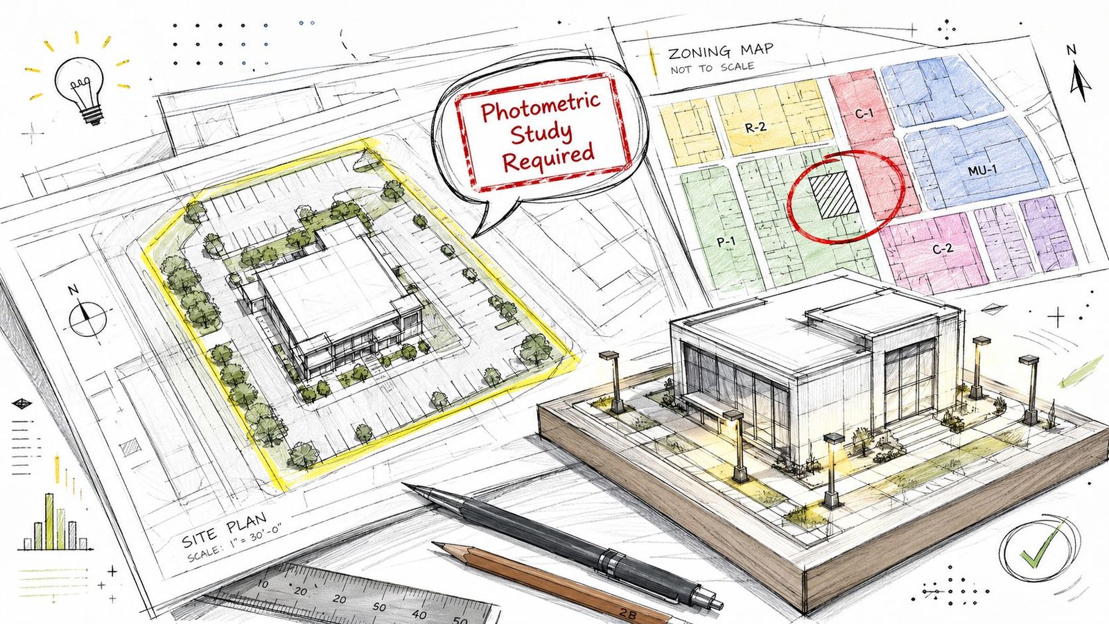 Architectural site plan and 3D building model with a highlighted photometric study requirement note.