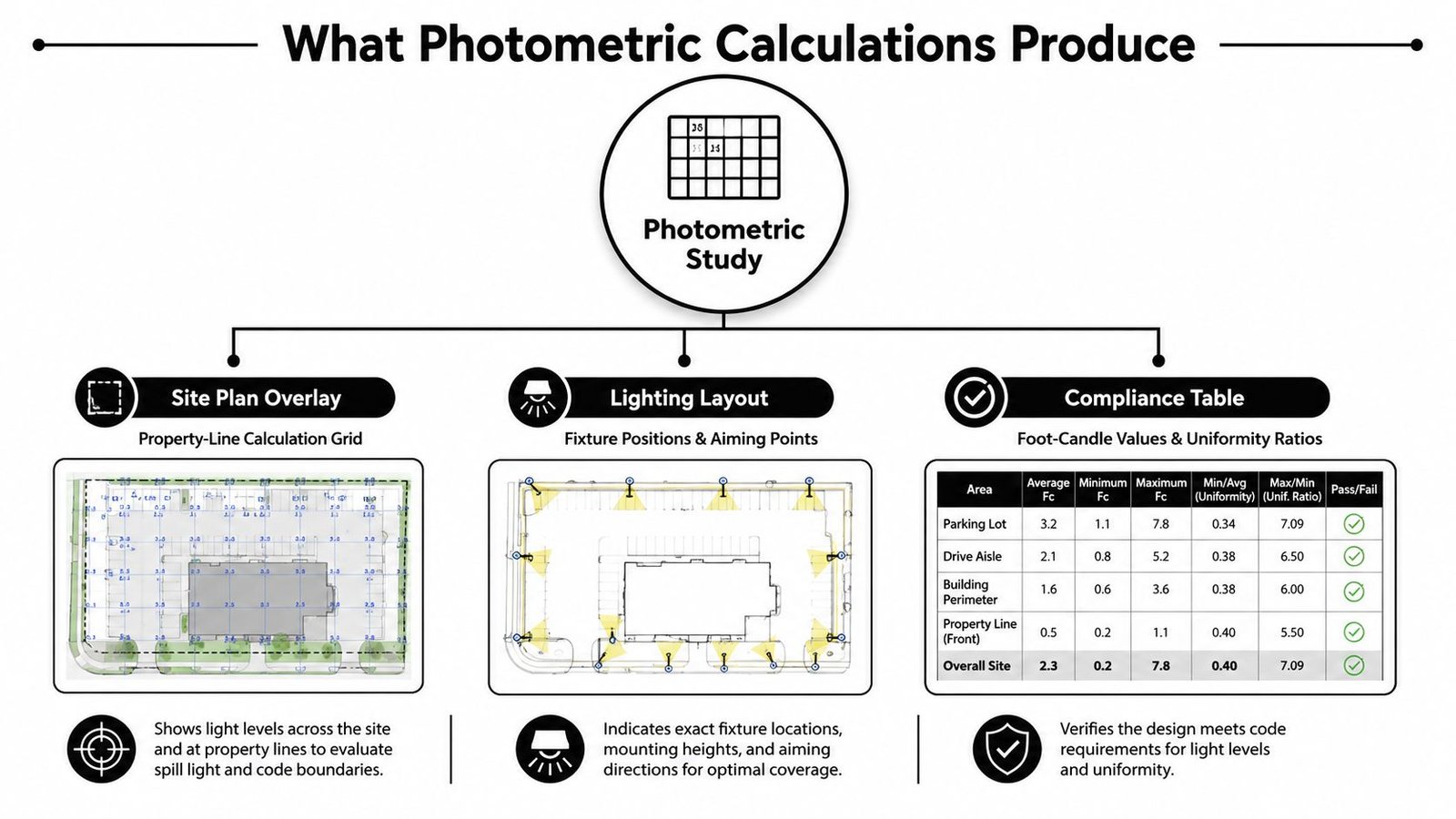 A diagram illustrating the three main outputs of a photometric study for lighting design and compliance.