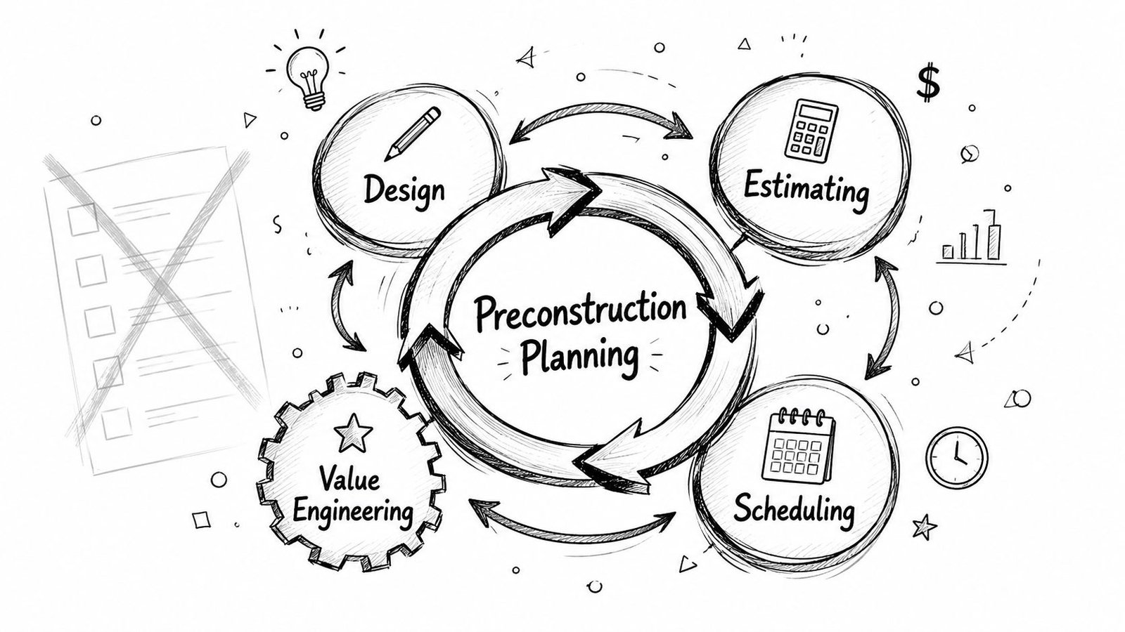 A hand-drawn diagram illustrating the stages of preconstruction planning including design, estimating, scheduling, and value engineering.