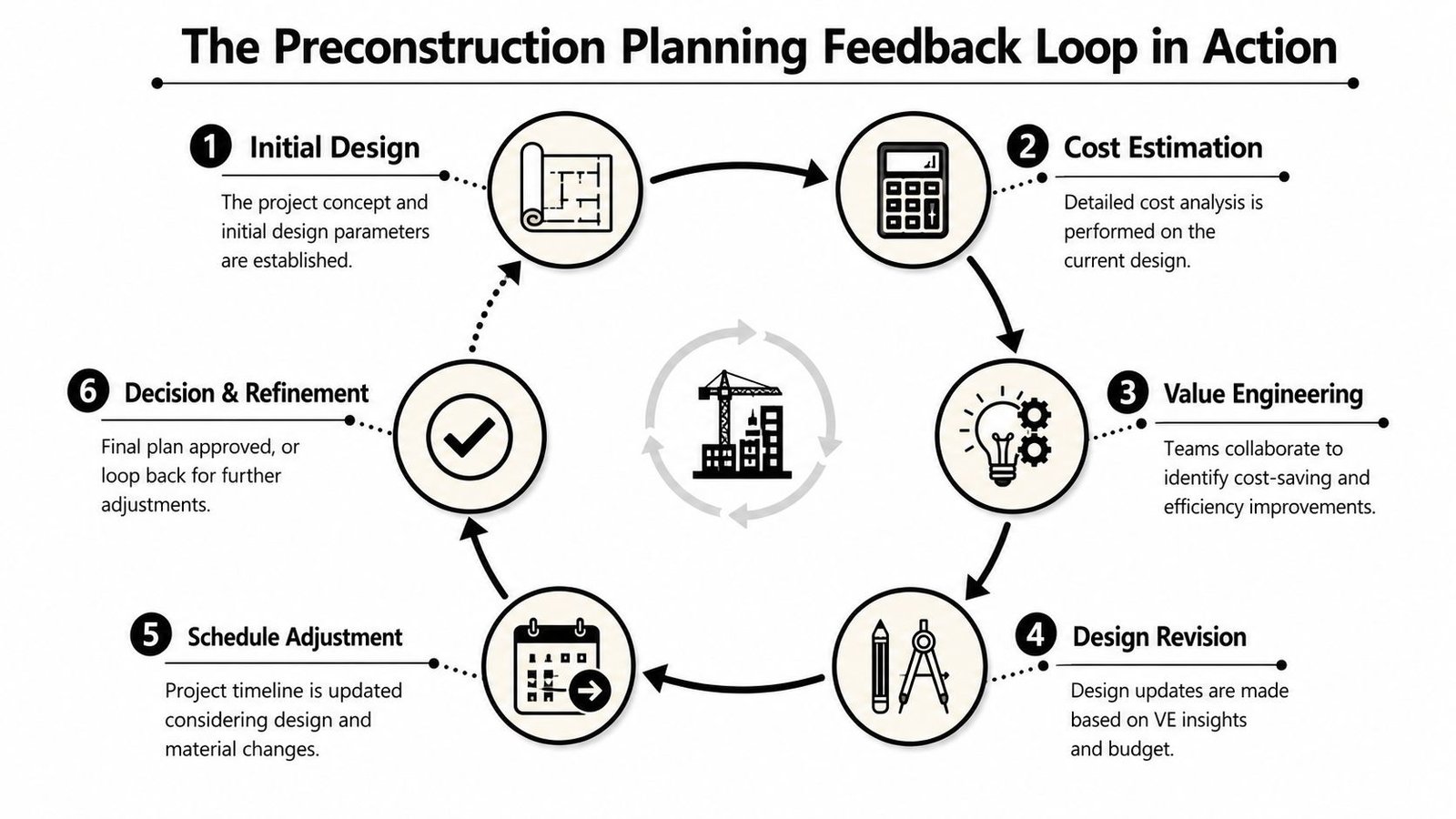 A circular diagram illustrating the six-step preconstruction planning feedback loop process for construction projects.